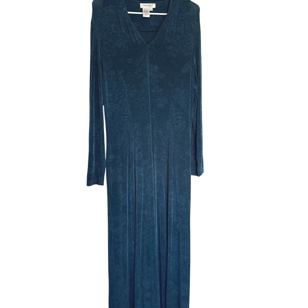 Coldwater Creek Teal Blue Floral Ribbed Maxi Dress Long Sleeve V-Neck Size 16
